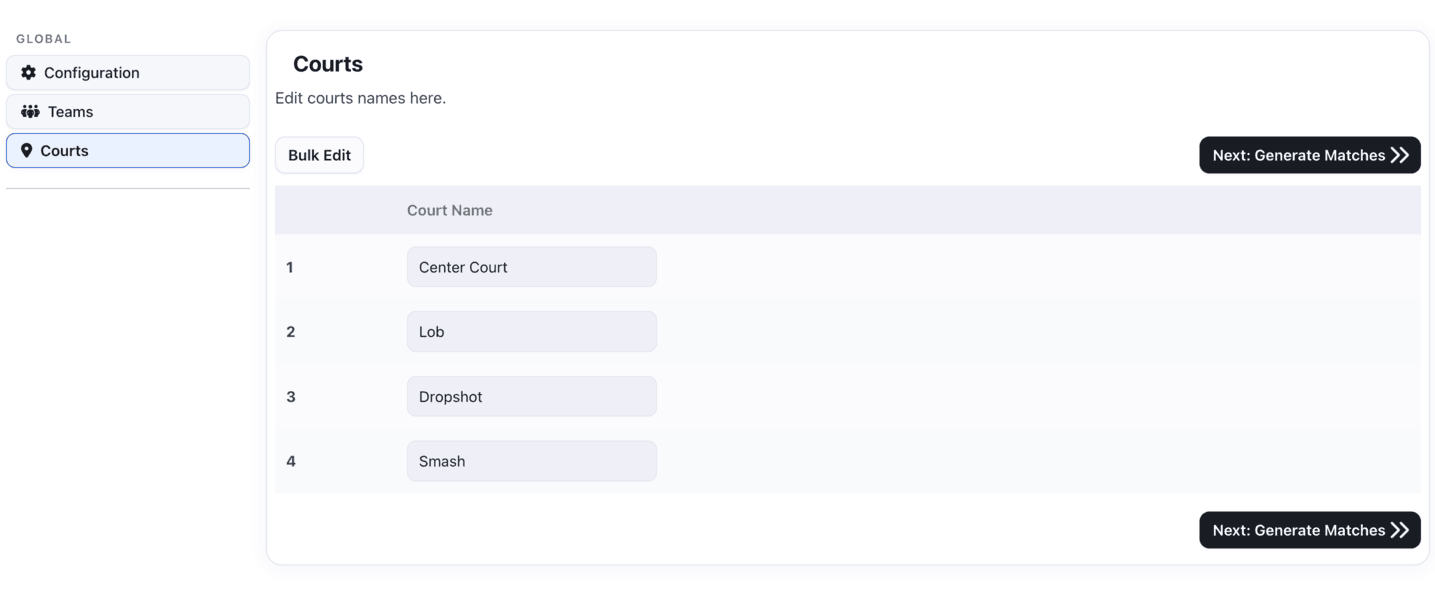 Courts and names configuration
