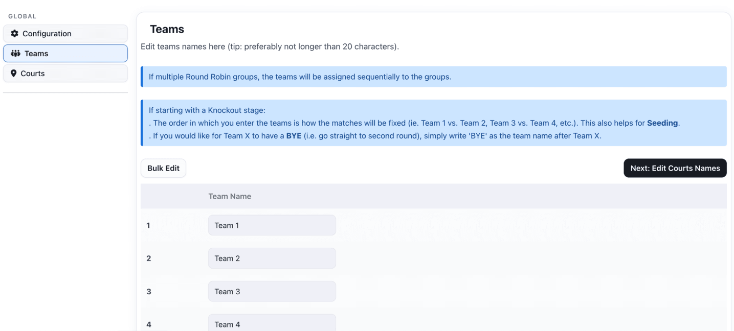 Teams and names list